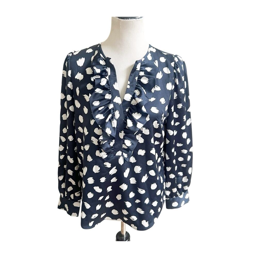 J. Crew Brushstroke Ruffled Satin Long Sleeve Size Small Navy White Preppy - Picture 2 of 11